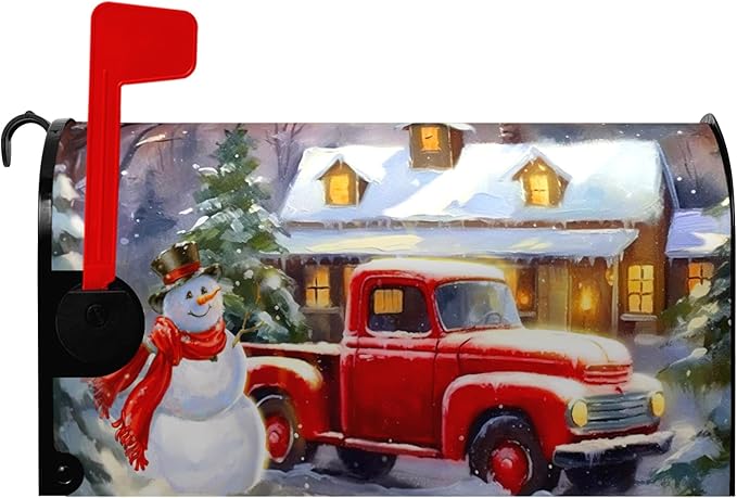 Winter Snowman Mailbox Covers Magnetic Standard Size Merry Christmas Truck Mailbox Cover Holiday Christmas Tree Snowflake Mailbox Wraps Post Cover Decor Waterproof 21 X18 Inch