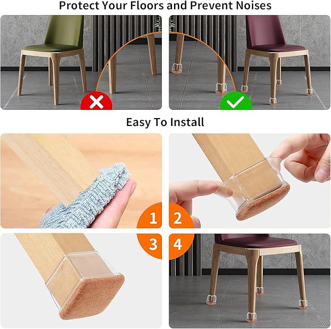 Ezprotekt 24 Pcs Clear Square Chair Leg Floor Protectors with Felt, Silicone Felt Furniture Pads for Hardwood Floor, Dining Table Leg Caps Covers No Scratches and Noise (L Fit: 1" - 1.4")