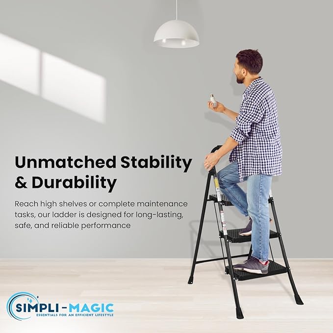 SIMPLI-MAGIC 3-Step Ladder, 800 LBS Capacity Folding Step Stool – Anti-Slip Wide Steps & Handgrip – ANSI Certified Lightweight & Durable Steel Stepping Stool for Kitchen, Home, Office & Garage