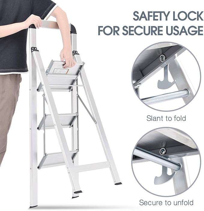 KINGRACK Aluminium 3 Step Ladder, Lightweight Step Stool with Non-Slip Pedals, Handrail, 330 LBS Foldable Step Ladder for Kitchen, Garage, Home, Space Saving, Sturdy and Portable, Silver