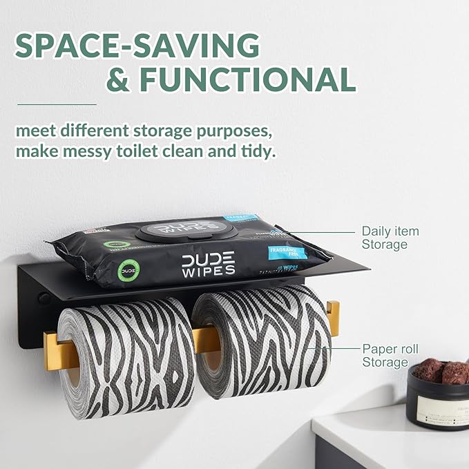 APLusee Double Toilet Paper Holder with Phone Shelf, 304 Stainless Steel Bathroom Tissue Hanger, Wall Mounted Dual Roll Paper Dispenser, Black & Gold