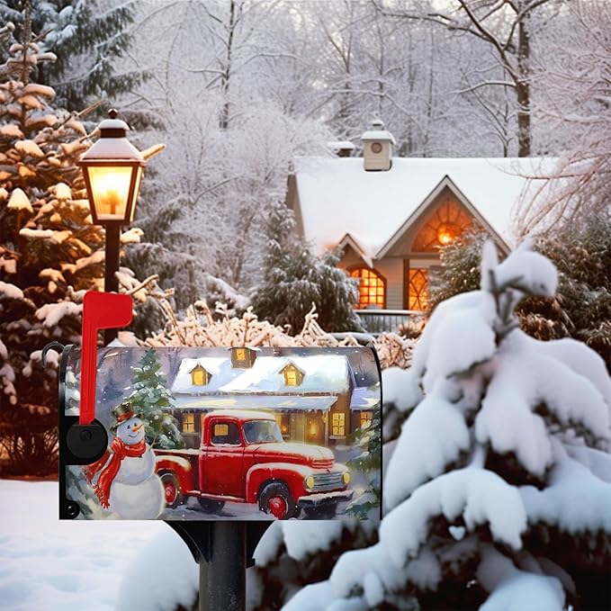 Winter Snowman Mailbox Covers Magnetic Standard Size Merry Christmas Truck Mailbox Cover Holiday Christmas Tree Snowflake Mailbox Wraps Post Cover Decor Waterproof 21 X18 Inch