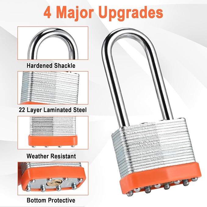 6pcs Solid Keyed Alike Padlock with 12 Same Keys - Resist Cutting, Gym Locker Lock with Key, Storage Pad Lock for Locker Gym Gate Outdoor Indoor Use (Long Shackle)