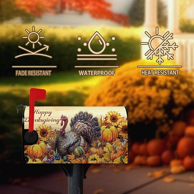 Happy Thanksgiving Turkey Mailbox Covers Magnetic Standard Size 21 x 18 Inch Fall Sunflower Pumpkin Mailbox Cover Wrap Thanksgiving Letter Box Post Cover Outdoor Decorations for Garden Yard