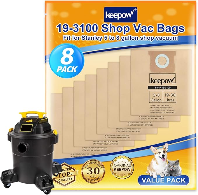 KEEPOW 5-8 Gallon Vacuum Bags, Compatible with Stanley SL18115, SL18116, SL18117, SL18158 and Porter-Cable PCX18406-5B, PCX18404P-6A– Durable, Easy Disposal for Wet/Dry Vacuums 8 Pack