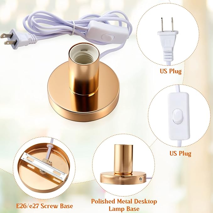 Tuanse 2 Pcs Polished Metal Desktop Lamp Base E26 E27 Screw Light Bulb Holder Sockets Night Light Base Lamp Replacement for Holding Bulb 6 Feet Cord on Off Switch Plug(Gold)