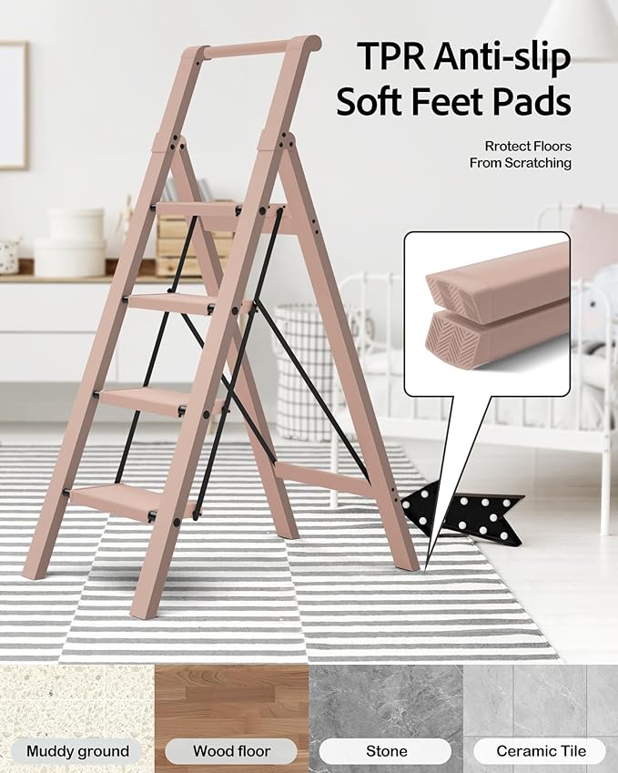 Taranta 4 Step Ladder, Lightweight Aluminum Step Stool with Convenient Handgrip, Folding Ladder with Anti-Slip Pedals, 330lbs Capacity Stepladder for Home, Office, Kitchen - Peach Pink