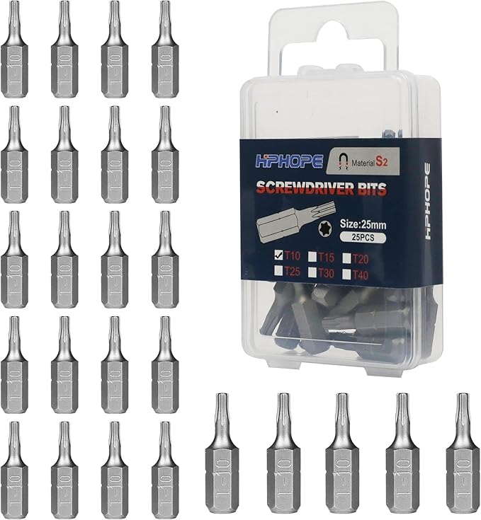 HPHOPE T10 Screwdriver Bit Set, Torx Bits T10, 1/4" Hexagon Bit (Length: 1", 25 Pack)
