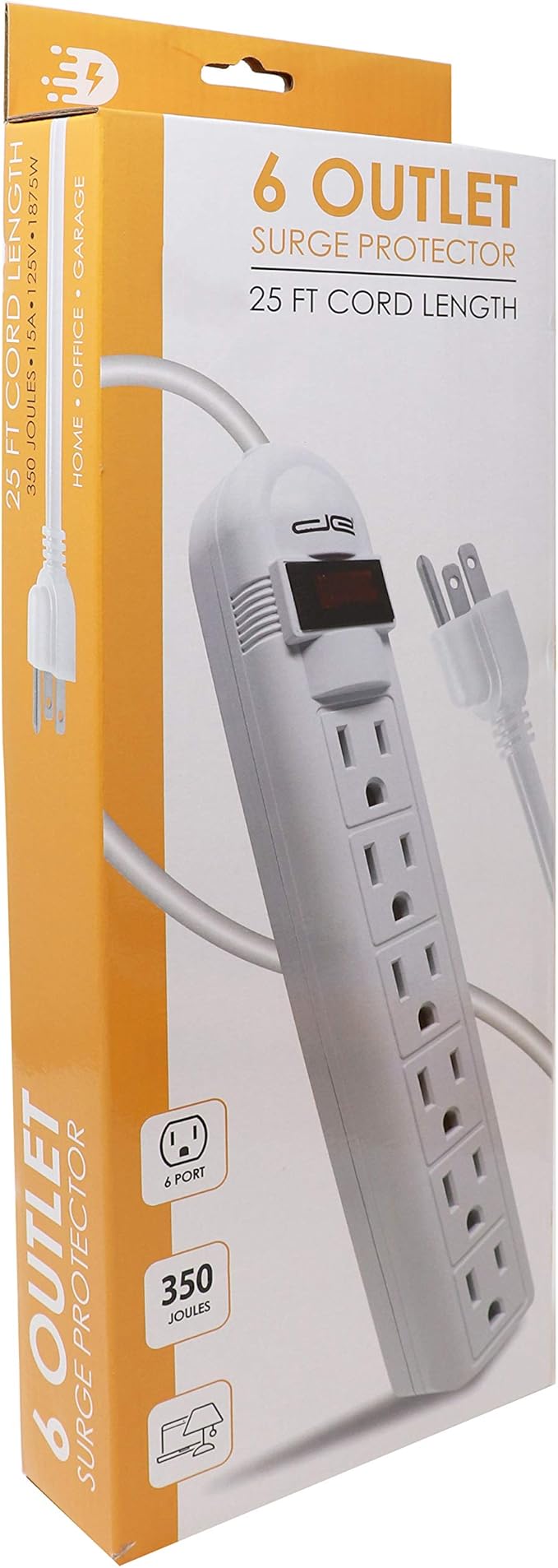 Digital Energy 6-Outlet Surge Protector Power Strip with 25-Ft Long Extension Cord, White, ETL Listed, UL Standard
