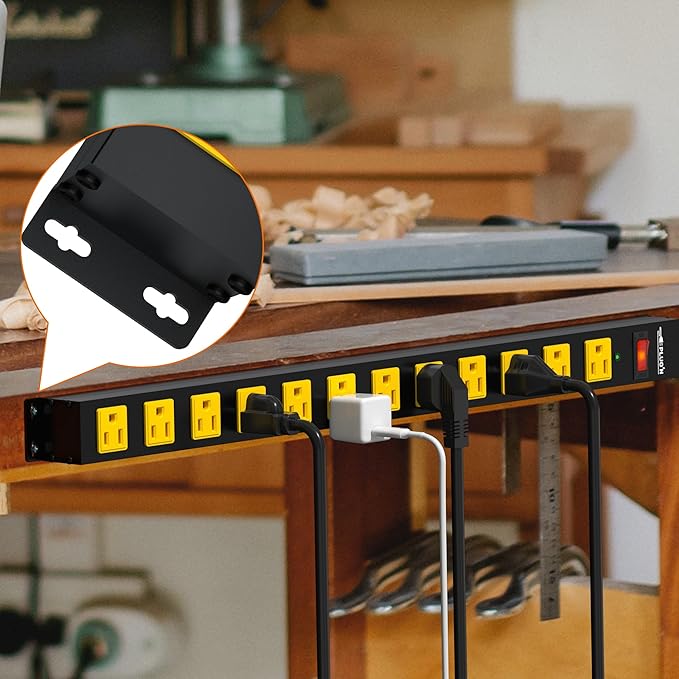 12 Outlet Long Power Strip, 2100 Joules Surge Protector, 6FT Power Cord, Wide Spaced Outlet Power Bar, Overload Protection Switch, Industrial Heavy Duty for Work Bench, Shop, Garage, 2 Pack…