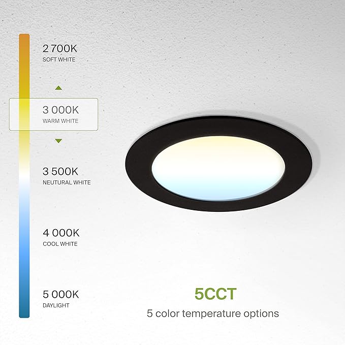 ASD 6 Pack LED Recessed Lighting 4 Inch 12W, 5 CCT 2700K-5000K CRI90+, IC Rated Ultra Thin Dimmable Ceiling Lights with J Box, Canless Wafer Downlight, Round Slim Panel Light, UL Listed, Black