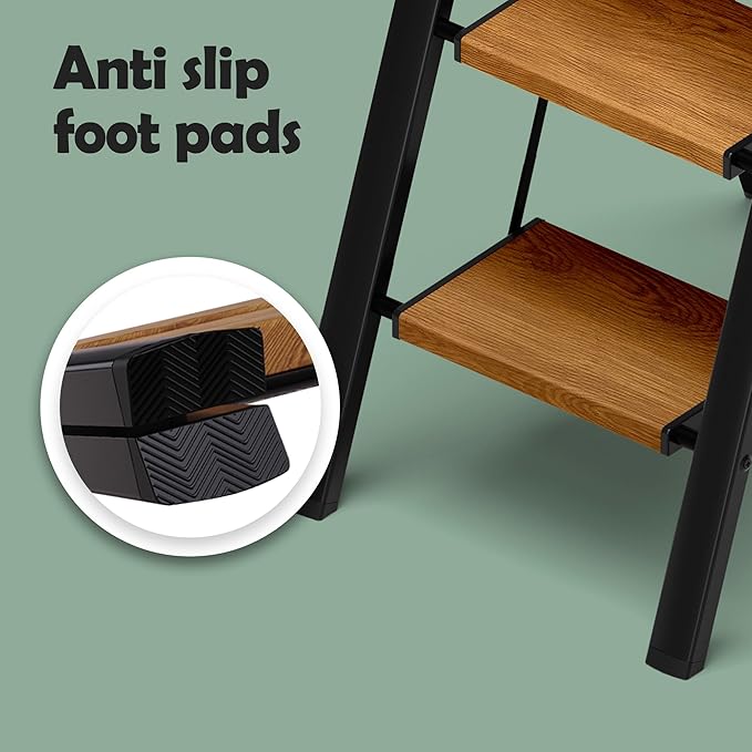 Taranta 3 Step Ladder,Aluminum Lightweight Folding 3 Step Stool with Anti-Slip Wide Pedal, 330lbs Capacity Step Ladder for Household,Kitchen,Office - BlackWoodgrain