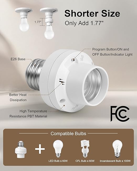 Remote Control Light Bulb Socket, Decorator Rocker Wall Switch, 200FT Range Wireless Light Switch for Pull Chain Light Fixture, E26 E27 Lamp Socket, No Wiring Needed, FCC Listed