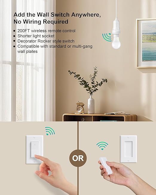 Remote Control Light Bulb Socket, Decorator Rocker Wall Switch, 200FT Range Wireless Light Switch for Pull Chain Light Fixture, E26 E27 Lamp Socket, No Wiring Needed, FCC Listed
