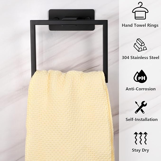 LANC Hand Towel Holder for Bathroom Wall Mount Matte Black Square Self Adhesive Hand Towel Rings for Bathroom Hardware Accessories Kitchen Toilet Stainless Steel Towel Hanger Racks, A8396MB