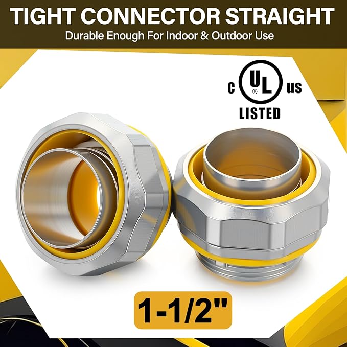 Gisafai 5 Pcs Liquid Tight Connector Straight Insulated Zinc Die Cast Metal Tight Electrical Conduit Fittings for 1-1/2 Inch Flexible and Type B Flexible