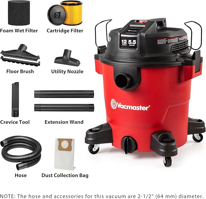 Vacmaster 12-Gallon 5.5 Peak HP Heavy-Duty Wet/Dry Vacuum - VJH1211PF 1101