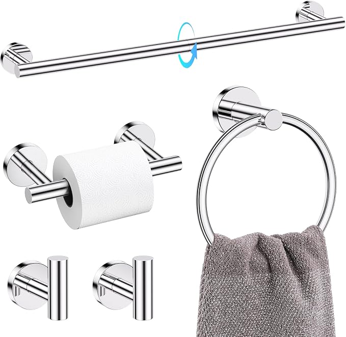 TQKAG Polished Chrome 5 Piece Bathroom Hardware Accessories Set 23.6" SUS304 Stainless Steel Bathroom Towel Bar Holder Sets Double Post Pivoting Toilet Paper Holder Set Wall Mounted