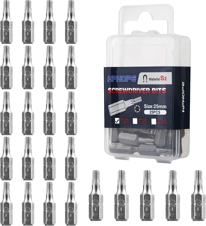HPHOPE T20 Screwdriver Bit Set, Torx Bits T20, 1/4" Hexagon Bit (Length: 1", 25 Pack)