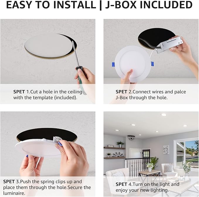 Lepro 12 Pack 6 Inch Canless LED Recessed Light,Dimmable Retrofit Ultra-Thin Ceiling Light with Junction Box,5000 Kelvin Daylight Wafer Lights 12 watt 1050 Lumen, ETL,FCC & Energy Star Certified