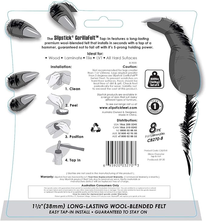 Slipstick GorillaFelt 1-1/2 Inch Felt Glides/Furniture Feet Floor Protectors (Set of 8 Sliders) Nail On Felt Furniture Pads Guaranteed to Stay On, Round, CB270-8