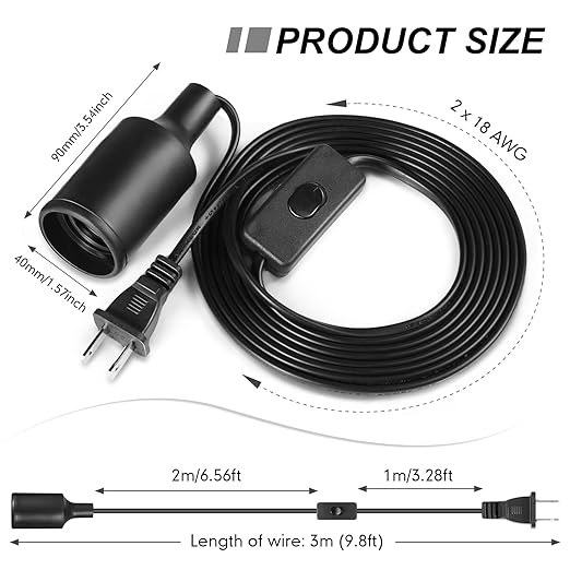 10 Pack Hanging Light Cord Pendant Light Cord with Switch Light Socket Extension Light Bulb Socket Cable Lamp Kit for E26 E27 Lamp Socket Lantern (Black,9.8 Feet)