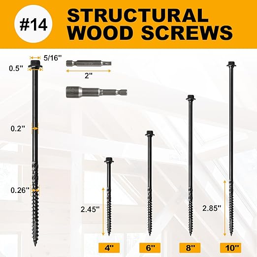 #14 x 10 Wood Structural Screws100 Pack Hex Head Lag Screws, Rust Resistant Timber Screws for Timber/Log/Landscaping Wood (Black)