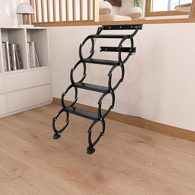 4 Steps Wall Mounted Attic Ladder, Indoor Attic Stairs Pull Down System, Metal Telescoping Step Ladders, Anti-slip Retractable Folding Stair, Loft Extension Steps Staircase for Garages(black, 4 Steps)