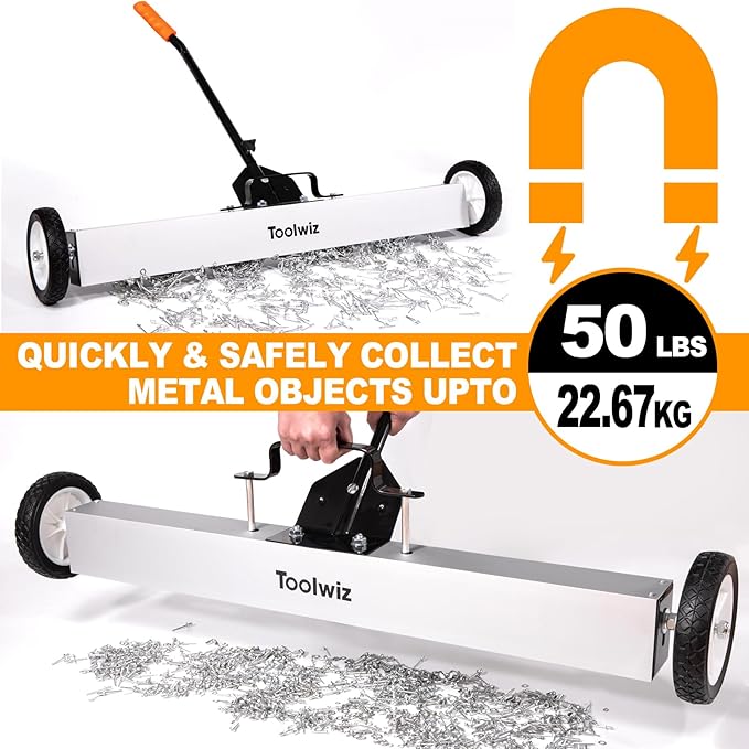Toolwiz 36'' Magnetic Sweeper with Wheels, 50 Lbs Capacity Rolling Magnetic Floor Sweeper with Telescoping Holder and Quick Release Latch Industrial Heavy Duty Metal Pick Up 18/24/36 Inches