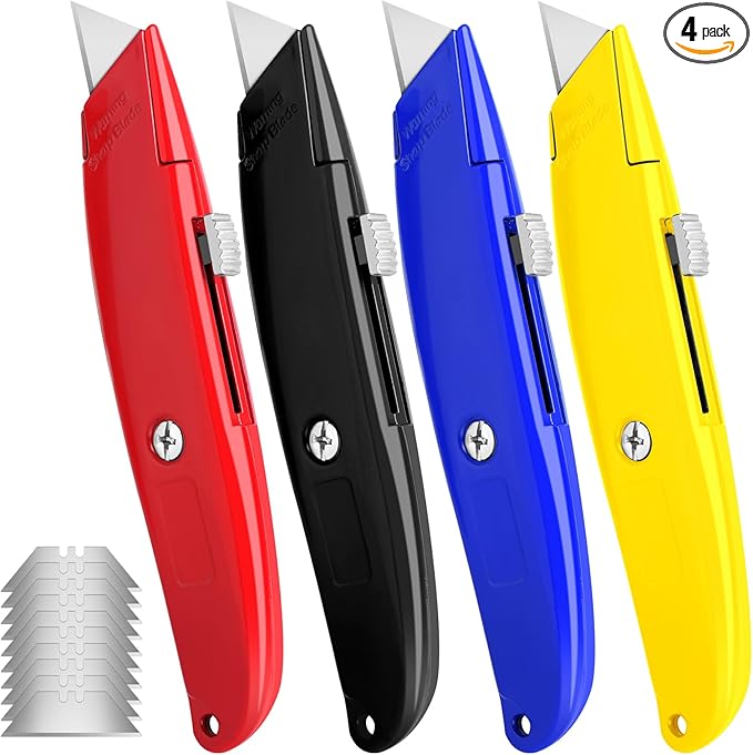 DIYSELF 4 Pack Box Cutter, Utility Knife, with 10 Extra SK5 Blades, Aluminum Shell Box Cutter Retractable for Papers, Cardboard, and Cartons, Razor Knife, Box Opener (Red, Blue, Yellow, Black)