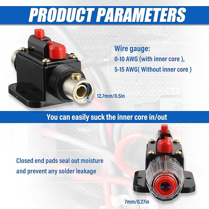 BOJACK 50A Audio Inline Circuit Breaker Reset Fuse Holder 12-24V DC Manual Reset Fuse Holder 3-15 AWG Overload Protection for Car Audio Sound Amplifier System RV Marine Boat Truck Solar Inverter