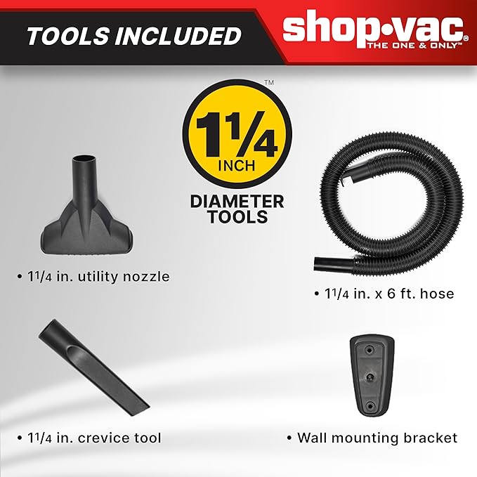 Shop-Vac 9303511 2.5 Gallon Wet Dry Vacuum, 2.5 Peak HP, 1.25 Inch Diameter x 4 Foot Hose, 12 Ft Cord Length, Wall Mounted, Includes Filters, Ideal for Jobsite, Garage, Car & Workshop
