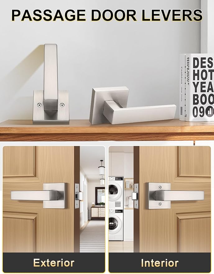 2 Pack Brushed Nickel Passage Door Levers Interior Door Handles, Heavy Duty Closet Hallway Door Handle Sets