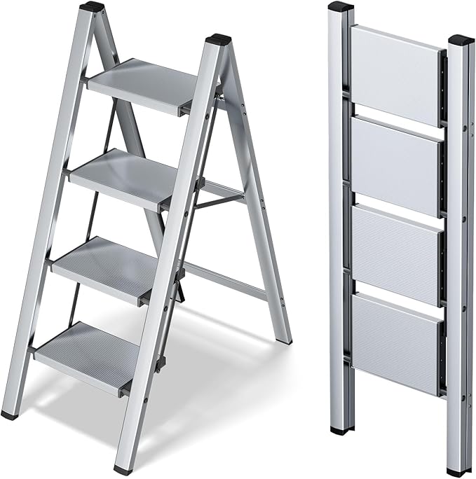 Taranta 4 Step Ladder,Aluminum Lightweight Folding 4 Step Stool with Anti-Slip Wide Pedal,330lbs Capacity Step Ladder for Household,Kitchen,Office - Silver
