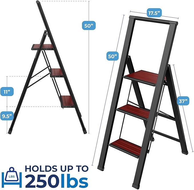 Step Ladder 3 Step Folding, Decorative - Beautiful Mahogany & Black Aluminum, Ultra Slim Profile, Anti Slip Steps, Sturdy-Portable for Home, Office, Kitchen, Photography Use,by SORFEY