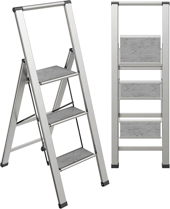 Step Ladder 3 Step Folding, Decorative - Beautiful Gray Wood & Silver Aluminum, Ultra Slim Profile, Anti Slip Steps, Sturdy-Portable for Home, Office, Kitchen, Photography Use,by SORFEY