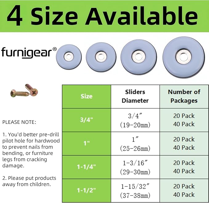 3/4'' Screw on Furniture Glides Sliders-Furnigear PTFE (Teflon) Chair Leg Movers Sliders for Carpet and Hardwood Surface - Move Your Furniture Easy & Safely - Best Floor Protector (40pack)