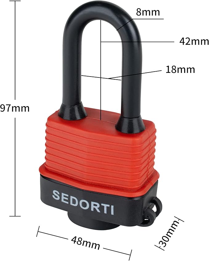 Colored Waterproof Padlocks, Heavy Duty Laminated Steel Lock with Red Plastic Covered, Keyed Alike Outdoor Locks, Can Be Used as Lockout Tagout Lock, Long Padlocks, Pack of 12