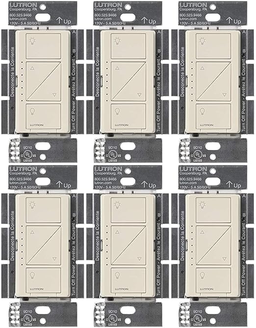 Lutron Caseta Original Smart Dimmer Switch (Lutron Smart Hub Required), for LED Lights, 150 Watt, Single-Pole/3-Way, No Neutral Required, PD-6WCL-LA, Light Almond, 6 Pack
