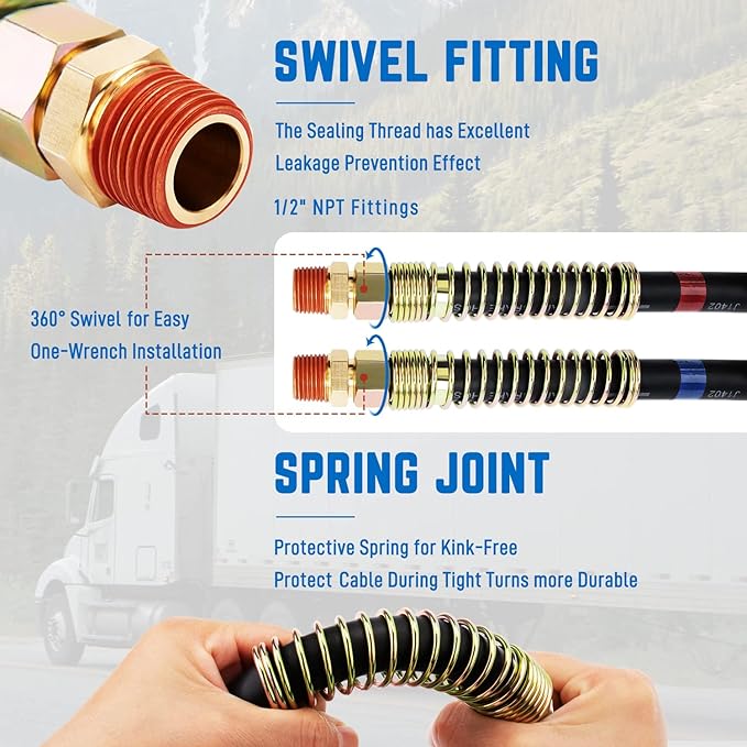 15 FT Air Line Hose Assembly Set Straight Heavy Duty Air Power Hoses for Trailer Truck Tractors Parts