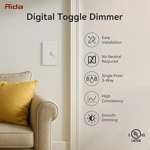 AIDA Digital Toggle Dimmer Switch for Dimmable LED, CFL & Incandescent Bulbs, Single Pole/3-Way, Screwless Wall Plate Included, UL Listed, No Neutral Wire Needed, Matte White (10 Pack)