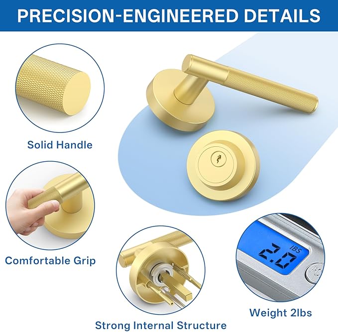 Amerdeco Front Door Lock Set with Double Cylinder Deadbolt, Exterior Entry Door Lever, Heavy Duty Entry Door Locksets for Left or Right Hand Exterior Door(Brushed Gold 2 Pack)