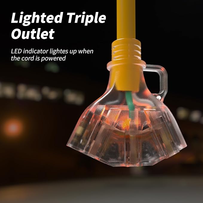 1 FT 12/3 Gauge Outdoor Extension Cord with Multiple Outlets Light Indicator, Flexible Weatherproof 3 Outlet Heavy Duty Extension Cord Waterproof Yellow, 15A 1875W 12AWG SJTW, ETL Listed