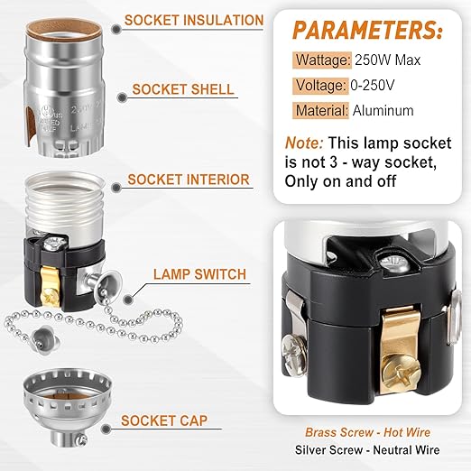 4 Pcs Pull Chain Lamp Socket Replacement, E26 Standard Threaded Base, Light Socket with Pull Chain, Lamp Parts for Repair (Silver)