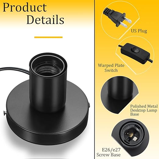 Tuanse 6 Pcs Polished Metal Desktop Lamp E26 E27 Screw Light Bulb Sockets Holder Base Lamp Replacement Base for Holding Bulb 6 Feet Cord on Off Switch Plug(Black)