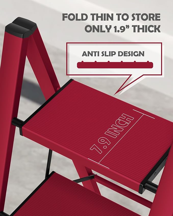 Taranta 3 Step Ladder,Aluminum Lightweight Folding 3 Step Stool with Anti-Slip Wide Pedal,330lbs Capacity Step Ladder for Household,Kitchen,Office - Red