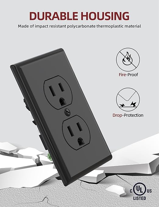 AIDA Outlet Duplex Receptacle with Wall Plate, Electrical Outlet Electrical Wall Outlet, 15 Amp Outlet 125V, Self-Grounding, 2-Pole, 3-Wire, 5-15R, UL Listed, 20 Pack, Black, Tamper Resistant
