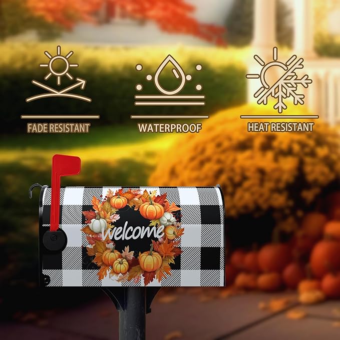Fall Welcome Mailbox Covers Magnetic Standard Size Autumn Pumpkin Buffalo Plaid Mailbox Cover Post Box Wrap Outdoor Decor for Garden Yard 21x18 Inch