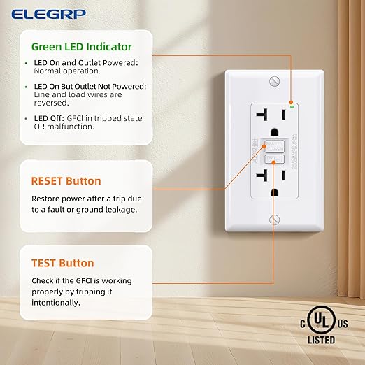 ELEGRP GFCI Outlet 20 Amp, Self-Test GFI Electrical Outlet with Narrow Design, GFCI Receptacle with LED Indicator, UL Listed, White, Wall Plate Included, 10 Pack