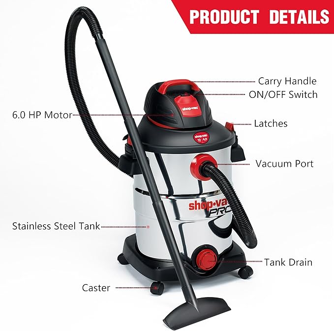 Shop-Vac 12 Gallon 6.0 Peak HP Wet/Dry Vacuum, Stainless Steel Tank, 3 in 1 Function Portable Shop Vacuum with Attachments, Drain Port, Ideal for Jobsite, Garage & Workshop. 5926211